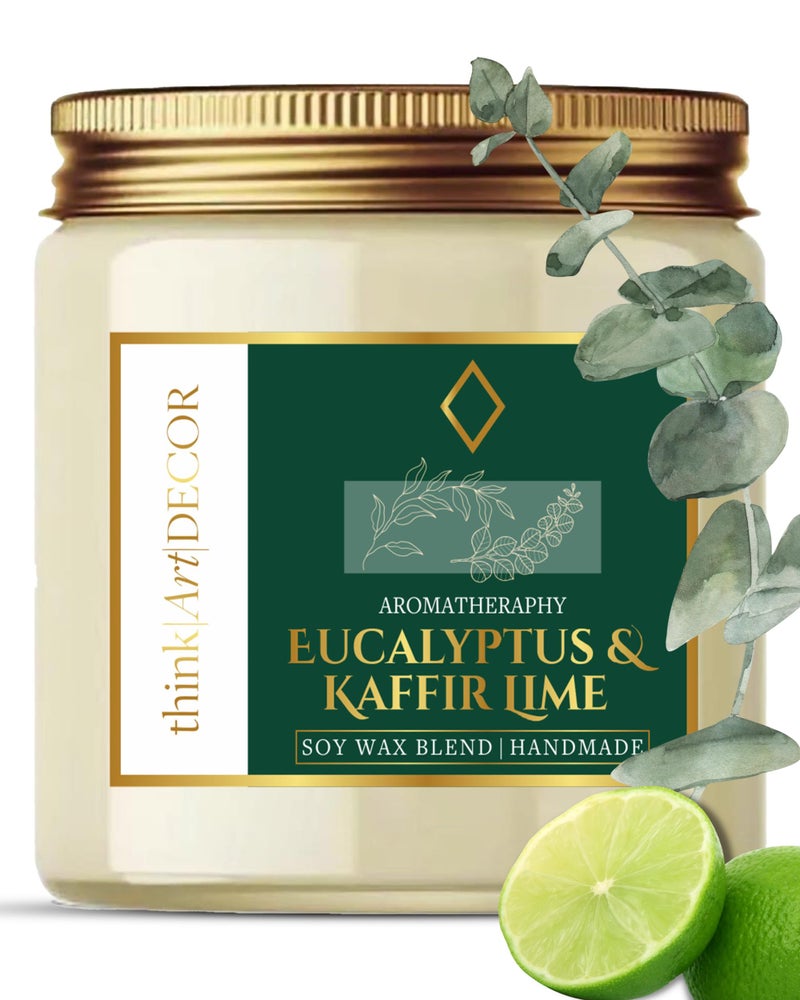 ThinkArtDecor Soy Wax Scented Candles for Home Decoration, Burn Time 35-40 Hrs, Luxury Fragrance Candles for Gifting, Aesthetic Glass Jar Aroma Therapy Candle (Eucalyptus & Kaffir Lime) - Image 1