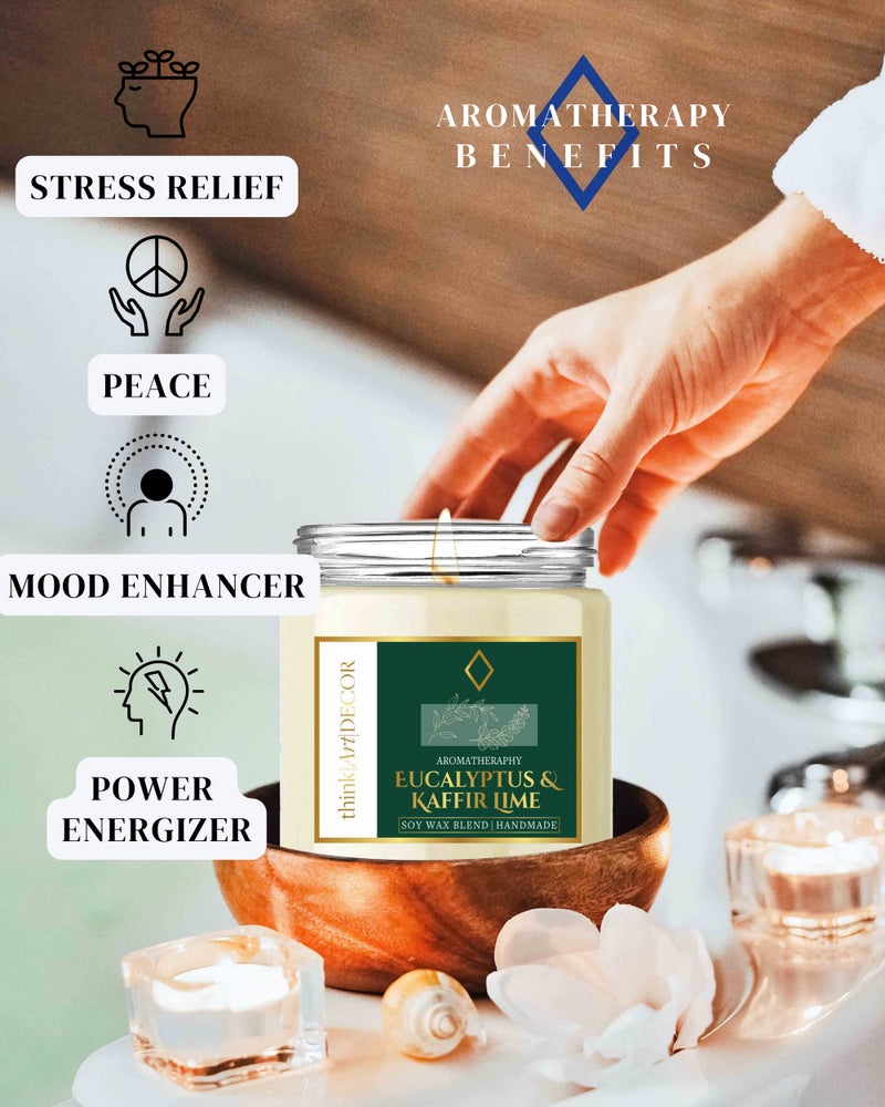 ThinkArtDecor Soy Wax Scented Candles for Home Decoration, Burn Time 35-40 Hrs, Luxury Fragrance Candles for Gifting, Aesthetic Glass Jar Aroma Therapy Candle (Eucalyptus & Kaffir Lime) - Image 2