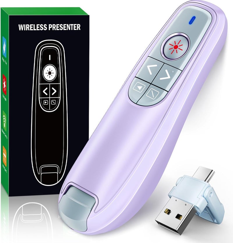 جهاز التحكم عن بعد اللاسلكي لعرض الشرائح، جهاز تحكم عن بعد بتقنية USB-C لعروض PowerPoint مع مؤشر، تردد 2.4 جيجاهرتز، مؤشر كمبيوتر لاسلكي لتقديم الشرائح - بنفسجي - Image 1