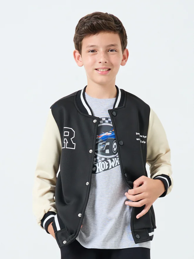 Styli Teens Black Color Block Bomber Jacket