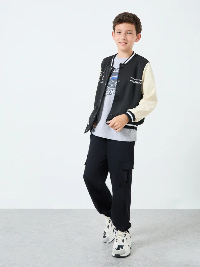 Styli Teens Black Color Block Bomber Jacket