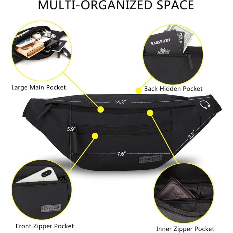 Maxtop Large Crossbody Fanny Pack with 4-Zipper Pockets,Gifts for Enjoy Sports Festival Workout Traveling Running Casual Hands-Free Wallets Waist Pack Phone Bag Carrying All Phones - Image 3