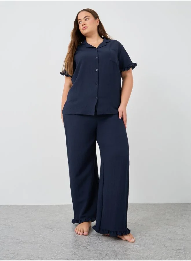 Styli Styli Plus Size Textured Short Sleeve Shirt and Pyjama Set
