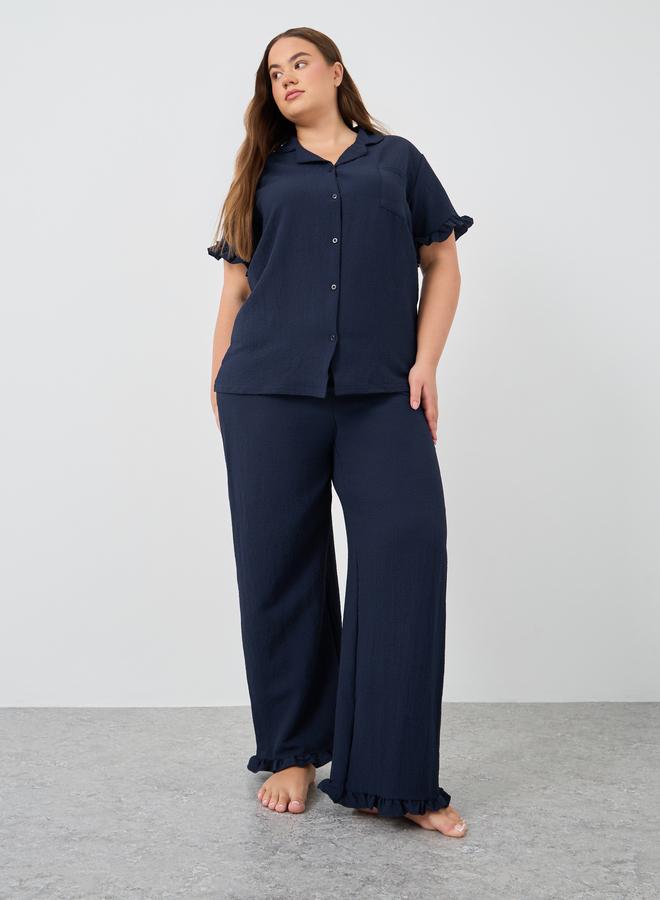 Styli Plus Size Textured Short Sleeve Shirt and Pyjama Set - Image 1