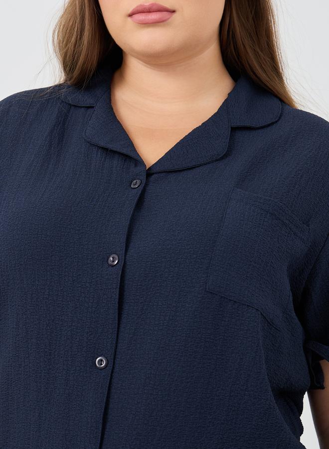 Styli Plus Size Textured Short Sleeve Shirt and Pyjama Set - Image 3