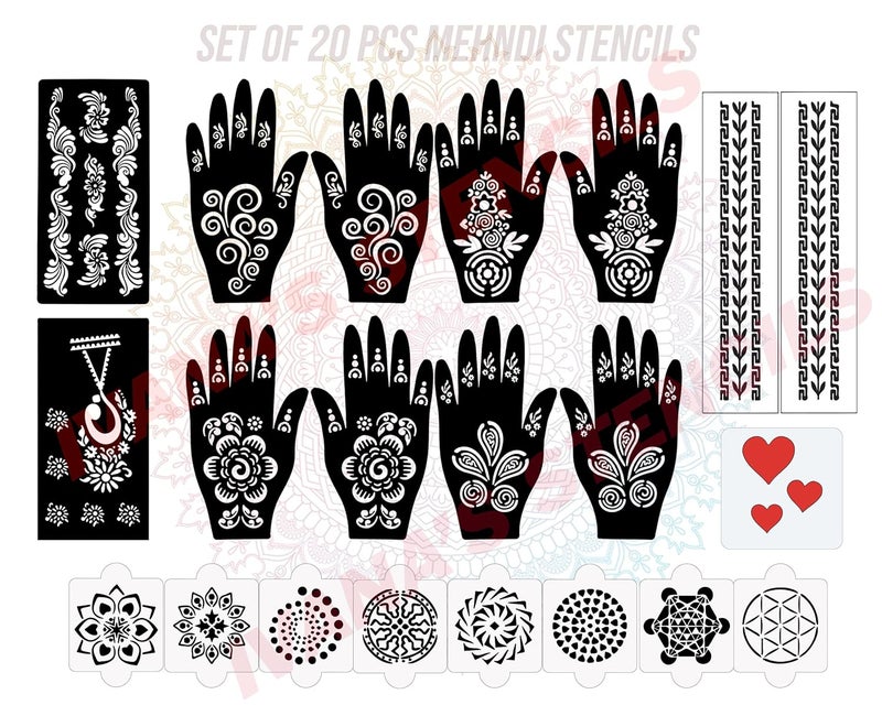ivana's Ivanas Set of 20 Pcs Combo Pack Reusable Mehandi Design Sticker Stencils for Both Hand  Mehendi Stencils for Hands  Quick and Easy to Use for Girls Women Kids  Teen D2095 - Image 1