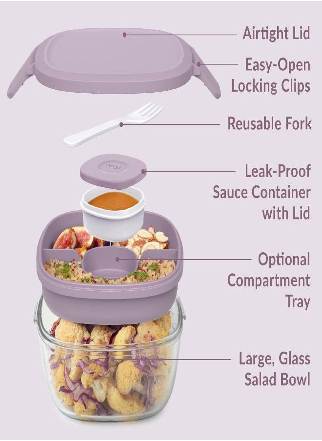 Bentgo - Bentgo Glass All-in-One Salad Container - Large 61-oz Salad Bowl with Lid, 4-Compartment Bento-Style Tray, 3-oz Sauce Container, and Reusable Fork - Dishwasher, Microwave, and Oven Safe (Lavender) - Image 1