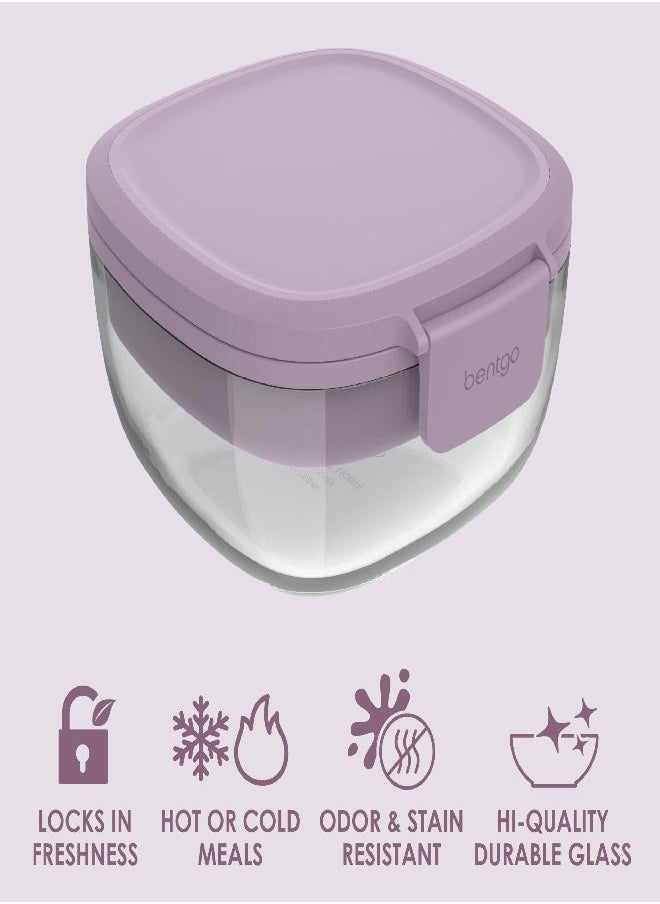 Bentgo - Bentgo Glass All-in-One Salad Container - Large 61-oz Salad Bowl with Lid, 4-Compartment Bento-Style Tray, 3-oz Sauce Container, and Reusable Fork - Dishwasher, Microwave, and Oven Safe (Lavender) - Image 1