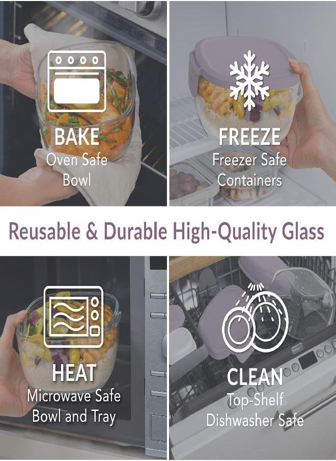 Bentgo - Bentgo Glass All-in-One Salad Container - Large 61-oz Salad Bowl with Lid, 4-Compartment Bento-Style Tray, 3-oz Sauce Container, and Reusable Fork - Dishwasher, Microwave, and Oven Safe (Lavender) - Image 1