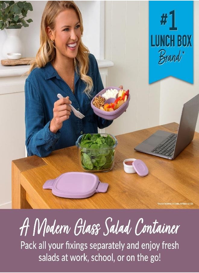 Bentgo - Bentgo Glass All-in-One Salad Container - Large 61-oz Salad Bowl with Lid, 4-Compartment Bento-Style Tray, 3-oz Sauce Container, and Reusable Fork - Dishwasher, Microwave, and Oven Safe (Lavender) - Image 1
