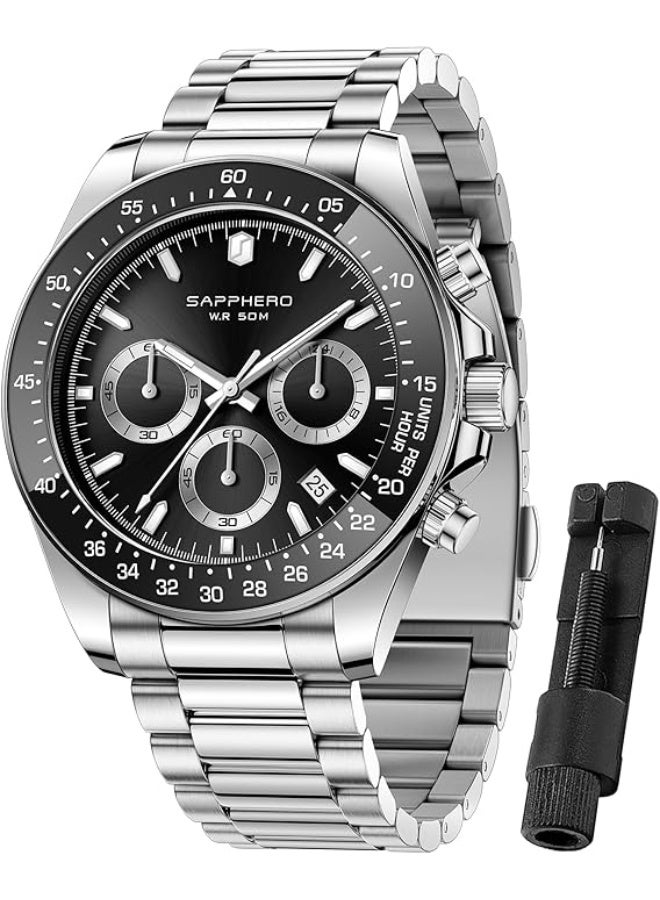 SAPPHERO Men's Stainless Steel Chronograph Watch, 50m Water Resistant, Analog Quartz Movement with Date Display, Classic and Elegant Luxury Watch, Refined Gift for Men - Image 1
