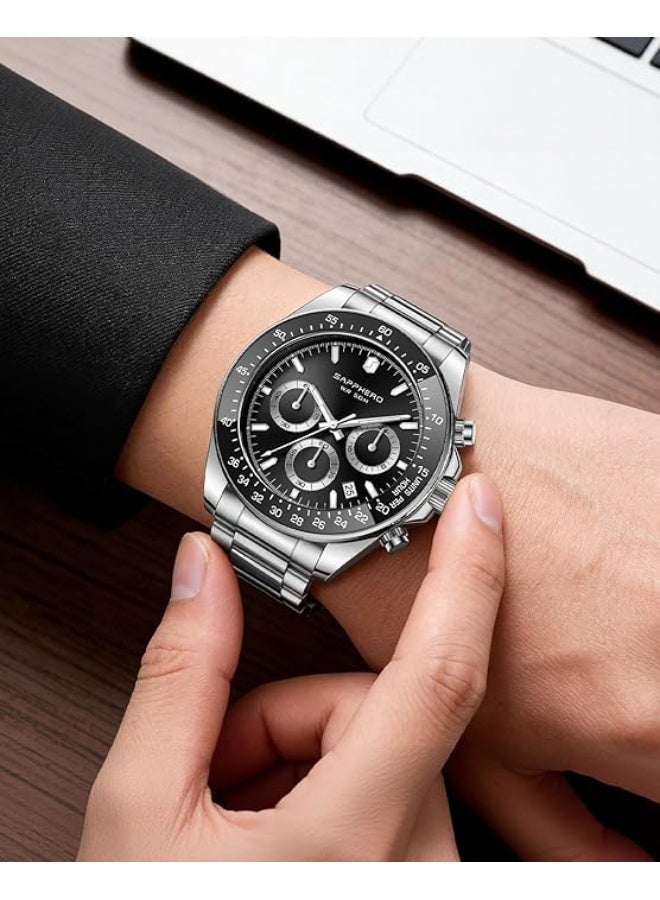 SAPPHERO Men's Stainless Steel Chronograph Watch, 50m Water Resistant, Analog Quartz Movement with Date Display, Classic and Elegant Luxury Watch, Refined Gift for Men - Image 3