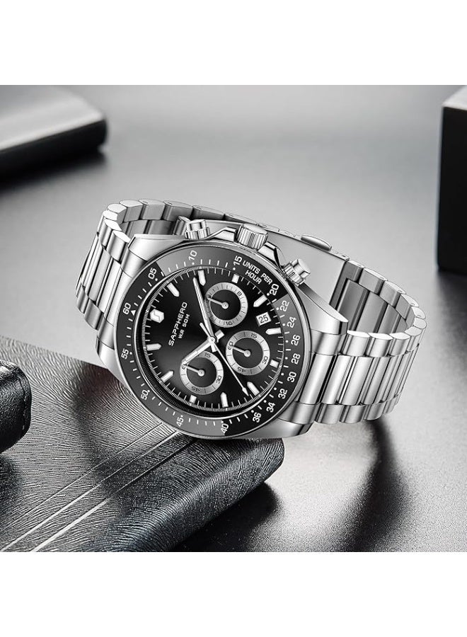 SAPPHERO Men's Stainless Steel Chronograph Watch, 50m Water Resistant, Analog Quartz Movement with Date Display, Classic and Elegant Luxury Watch, Refined Gift for Men - Image 4