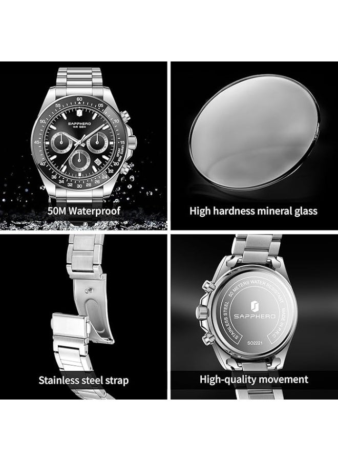 SAPPHERO Men's Stainless Steel Chronograph Watch, 50m Water Resistant, Analog Quartz Movement with Date Display, Classic and Elegant Luxury Watch, Refined Gift for Men - Image 5