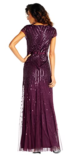 Adrianna Papell Women's Long Beaded V-Neck Dress with Cap Sleeves and Waistband, Cassis, 4 - Image 2