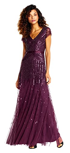 Adrianna Papell Women's Long Beaded V-Neck Dress with Cap Sleeves and Waistband, Cassis, 4 - Image 1