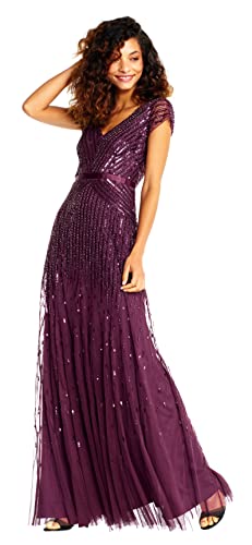 Adrianna Papell Women's Long Beaded V-Neck Dress with Cap Sleeves and Waistband, Cassis, 4 - Image 4