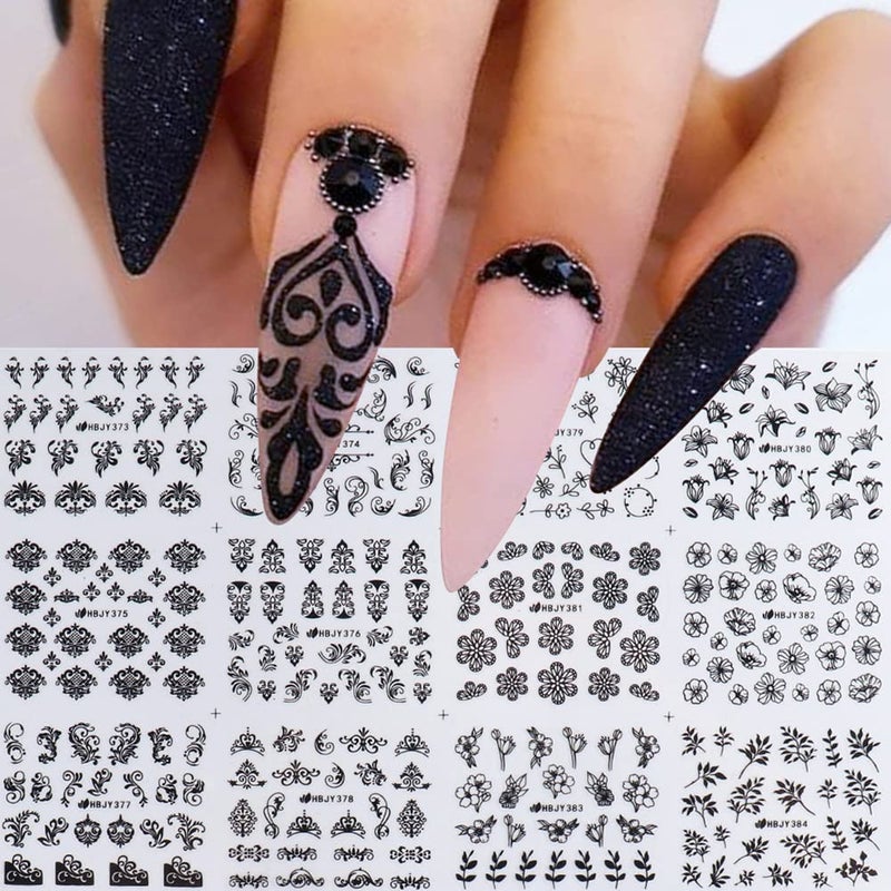 SPLOCUDU Black Flowers Nail Stickers, Floral Nail Art Decal 3D Self-Adhesive Lace Retro Flower Vine Leaf Decals for Women Nail Designs Decoration (373-384) - Image 3