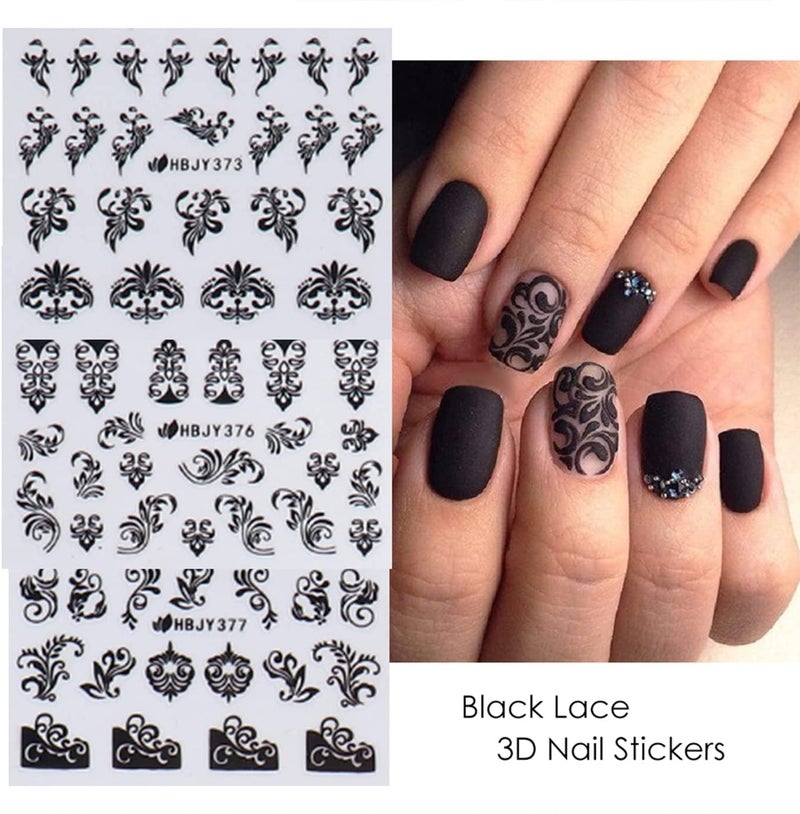 SPLOCUDU Black Flowers Nail Stickers, Floral Nail Art Decal 3D Self-Adhesive Lace Retro Flower Vine Leaf Decals for Women Nail Designs Decoration (373-384) - Image 5