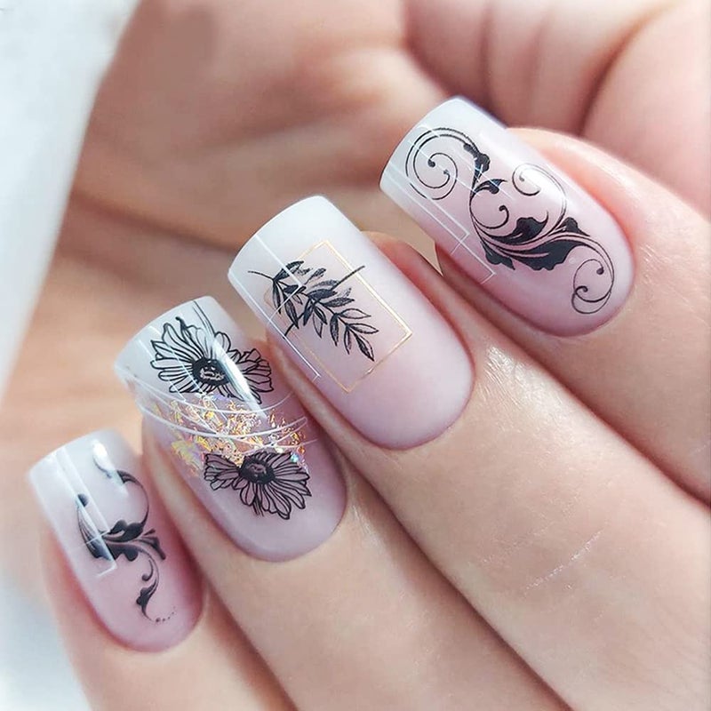 SPLOCUDU Black Flowers Nail Stickers, Floral Nail Art Decal 3D Self-Adhesive Lace Retro Flower Vine Leaf Decals for Women Nail Designs Decoration (373-384) - Image 2