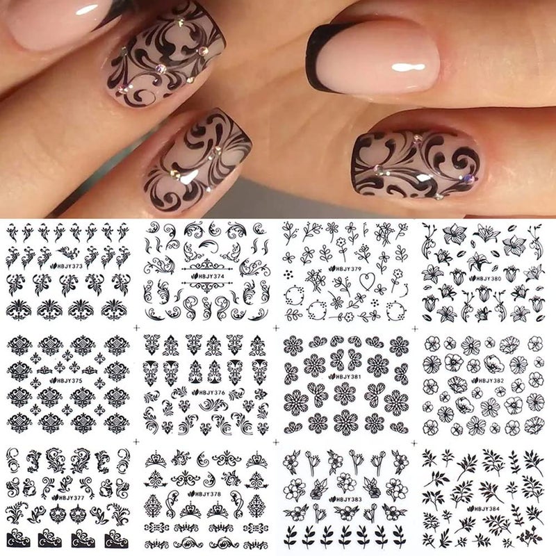 SPLOCUDU Black Flowers Nail Stickers, Floral Nail Art Decal 3D Self-Adhesive Lace Retro Flower Vine Leaf Decals for Women Nail Designs Decoration (373-384) - Image 1