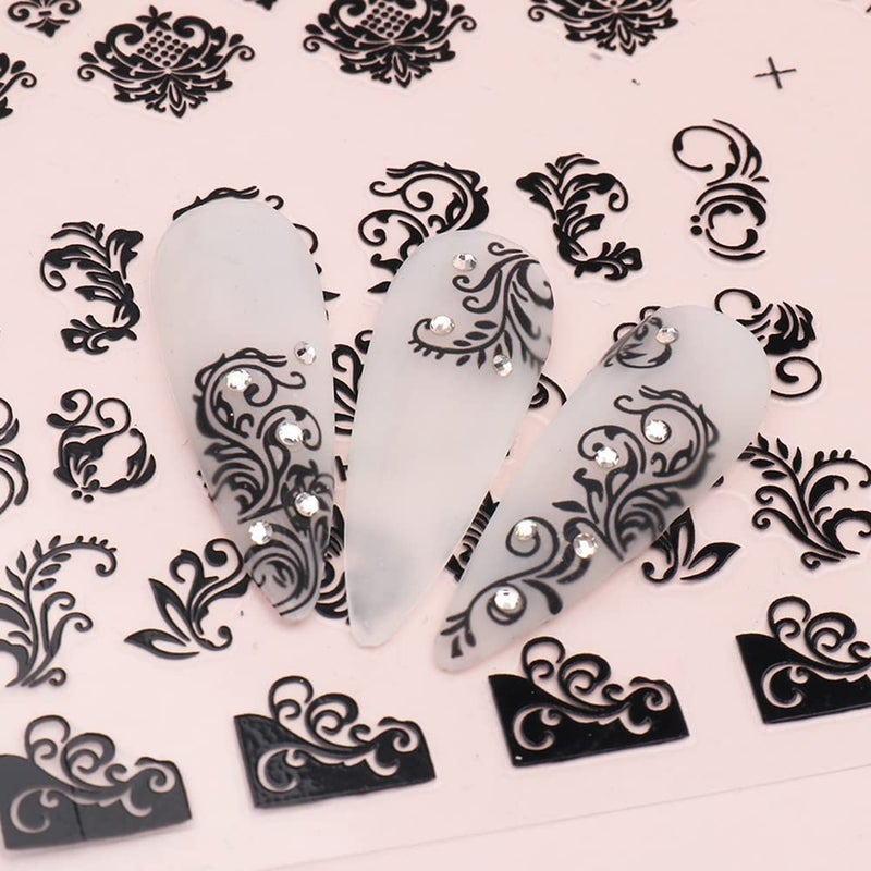 SPLOCUDU Black Flowers Nail Stickers, Floral Nail Art Decal 3D Self-Adhesive Lace Retro Flower Vine Leaf Decals for Women Nail Designs Decoration (373-384) - Image 4