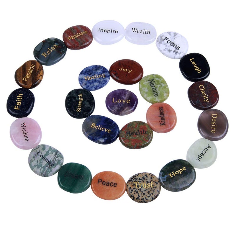 TGS GemsÂ® Natural Engraved Inspirational Word Worry Stones(25 Different Words)