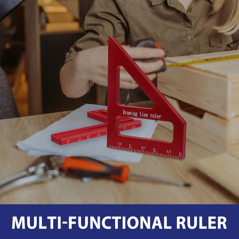 Multi-Angle Triangle Ruler Woodworking Square Protractor 45°90° Red Aluminum Measuring Tool for Carpenter Layout and Drawing - Image 4