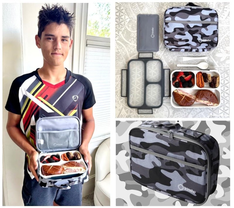Kinsho Bento Box with Insulated Lunch Bag and Ice Pack. Lunch Container with 3 Divided Leak-Resistant Compartments Perfect for Work or School, Adults Boys Kids, Black with Camo Bag - Image 2