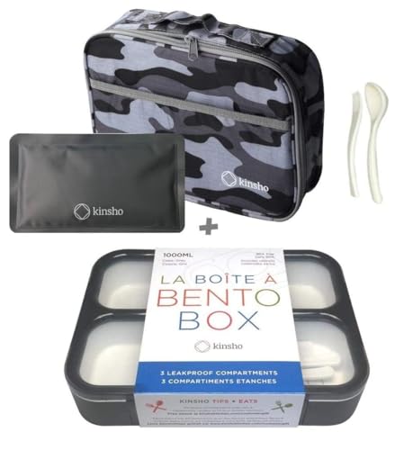 Kinsho Bento Box with Insulated Lunch Bag and Ice Pack. Lunch Container with 3 Divided Leak-Resistant Compartments Perfect for Work or School, Adults Boys Kids, Black with Camo Bag - Image 1