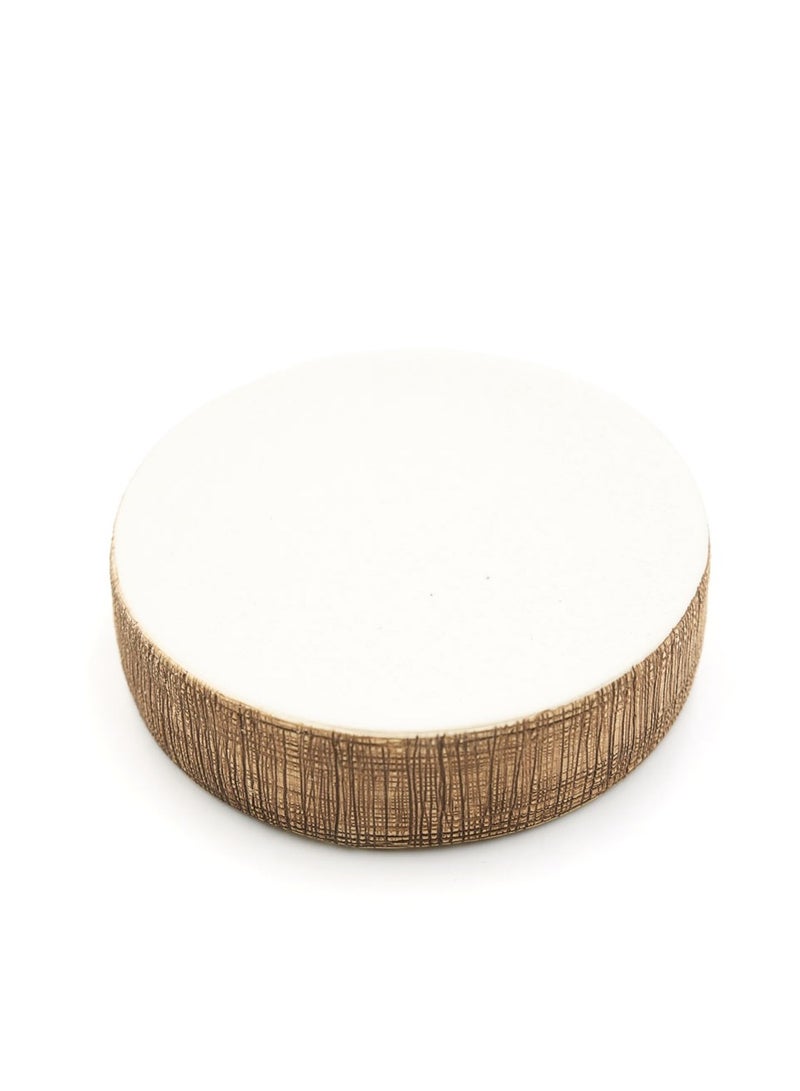 بيرام مجموعة برام 4 قطع من إكسسوارات الحمام السيراميكية، مجموعة بيضاء وبنية ذات ملمس مع موزع لوشن، حامل فرشاة أسنان، كوب وصحن صابون، منظم حديث لسطح الحمام (حامل صابون) - Image 1