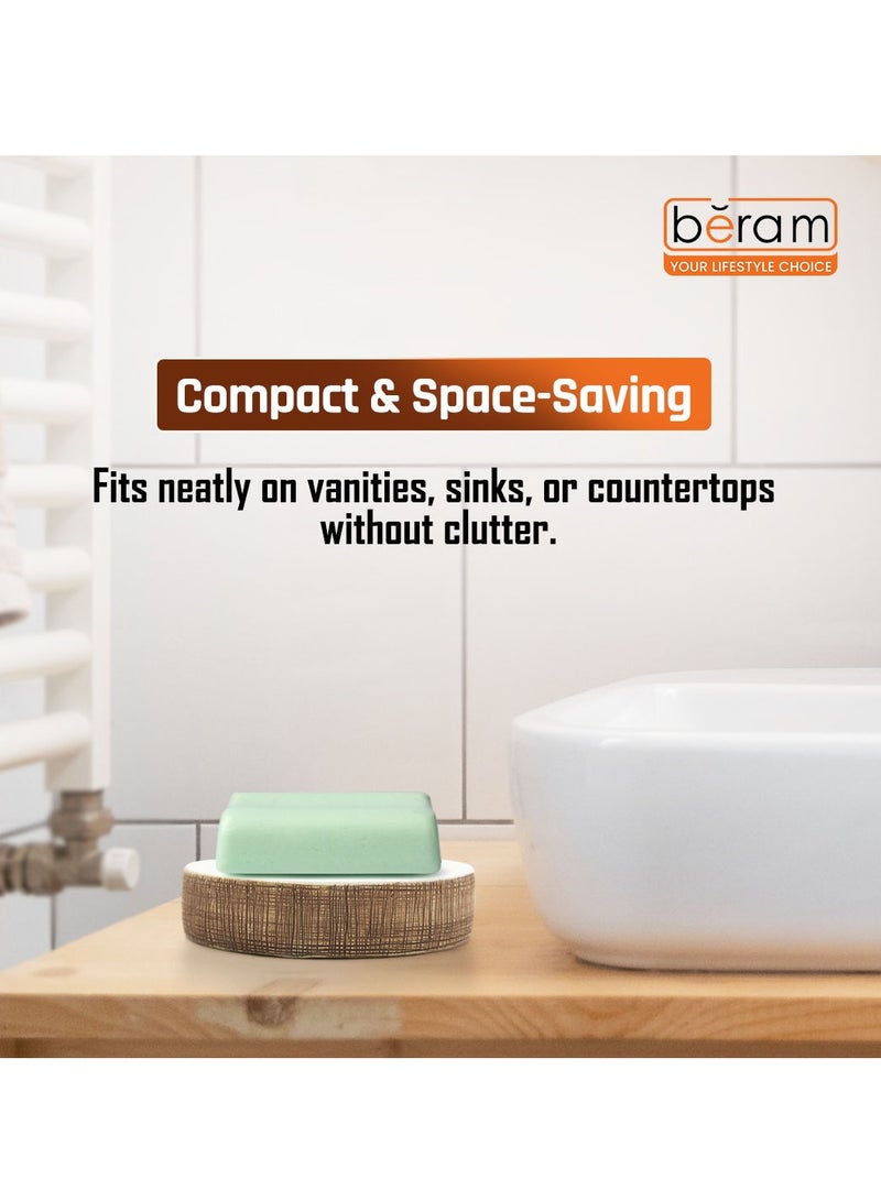 بيرام مجموعة برام 4 قطع من إكسسوارات الحمام السيراميكية، مجموعة بيضاء وبنية ذات ملمس مع موزع لوشن، حامل فرشاة أسنان، كوب وصحن صابون، منظم حديث لسطح الحمام (حامل صابون) - Image 2