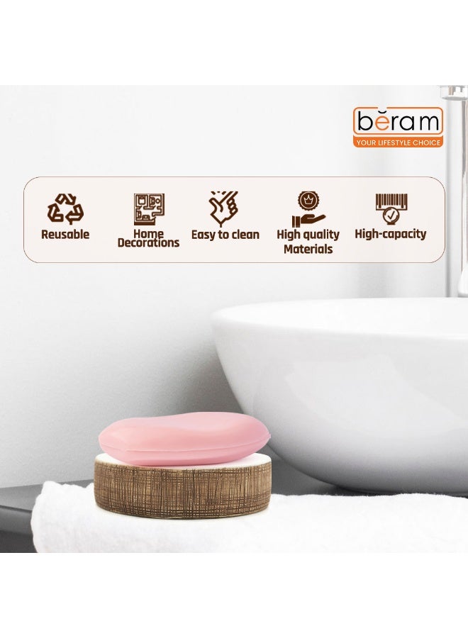 بيرام مجموعة برام 4 قطع من إكسسوارات الحمام السيراميكية، مجموعة بيضاء وبنية ذات ملمس مع موزع لوشن، حامل فرشاة أسنان، كوب وصحن صابون، منظم حديث لسطح الحمام (حامل صابون) - Image 4