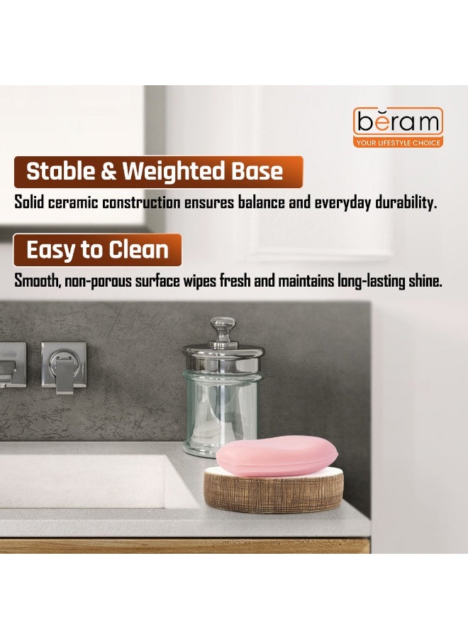 بيرام مجموعة برام 4 قطع من إكسسوارات الحمام السيراميكية، مجموعة بيضاء وبنية ذات ملمس مع موزع لوشن، حامل فرشاة أسنان، كوب وصحن صابون، منظم حديث لسطح الحمام (حامل صابون) - Image 3