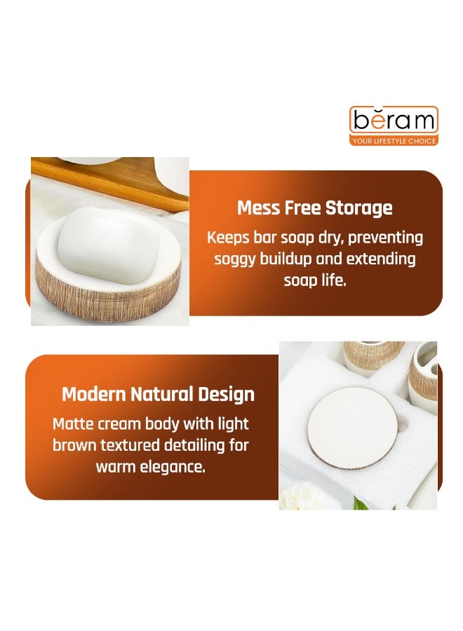 بيرام مجموعة برام 4 قطع من إكسسوارات الحمام السيراميكية، مجموعة بيضاء وبنية ذات ملمس مع موزع لوشن، حامل فرشاة أسنان، كوب وصحن صابون، منظم حديث لسطح الحمام (حامل صابون) - Image 5