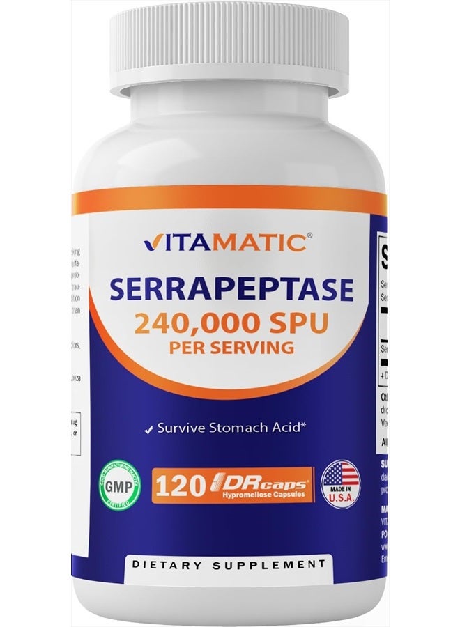 Vitamatic Serrapeptase 240,000 SPU Servings, 120 Delayed Released Capsules - Enteric Coated - Non-GMO & Gluten Free - Made in The USA (120 Count (Pack of 1)) - Image 1