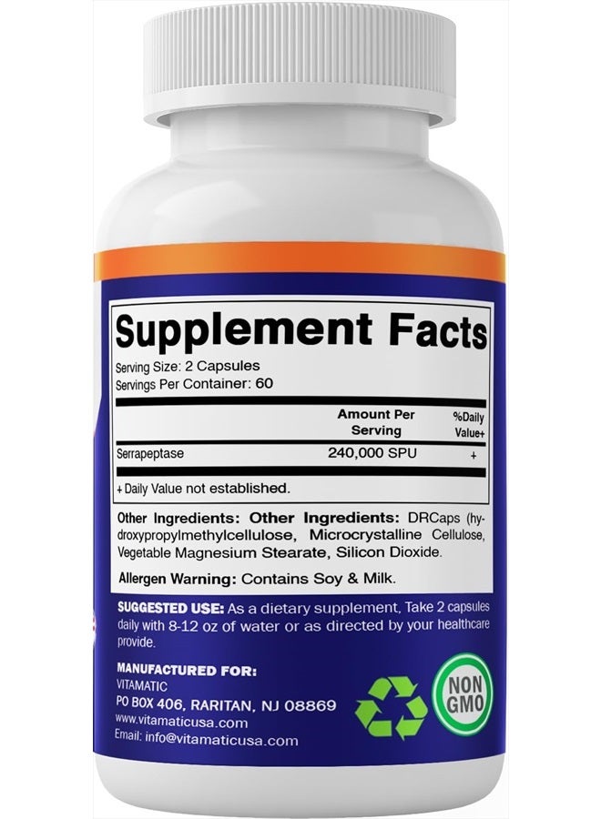 Vitamatic Serrapeptase 240,000 SPU Servings, 120 Delayed Released Capsules - Enteric Coated - Non-GMO & Gluten Free - Made in The USA (120 Count (Pack of 1)) - Image 5