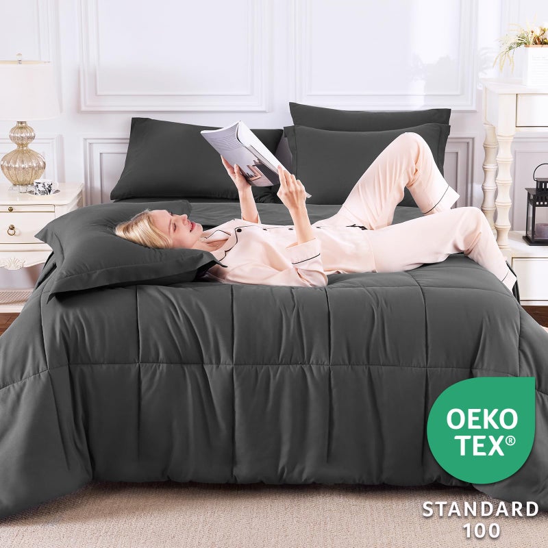 CozyLux Full Size Comforter Sets Dark Grey - 7 Pieces Bed in a Bag Full, Oeko-Tex Certified Bed Set, All Season Soft Bedding Set with Down Alternative Comforter, Sheets, Pillowcases & Pillow Shams - Image 3
