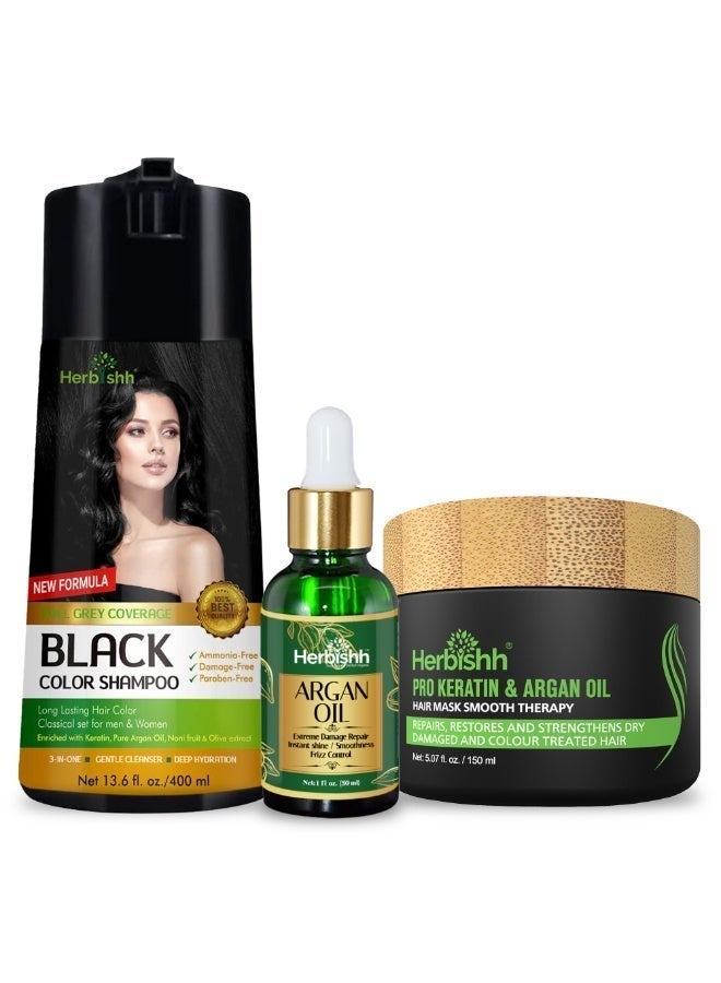 Herbishh Hair Colour Shampoo Black 400ml Set with Argan Oil Serum 30 ml & Pro Keratin Hair Mask 150 ml - Image 1