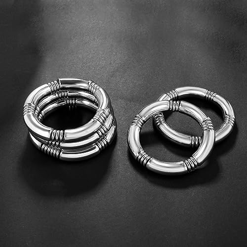 Badu 5pcs Silver Chunky Bangles Bracelets For Women Stack Layered Curved Bamboo Tube Stretch Bracelets Gift Jewelry - Image 5