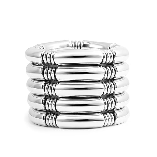 Badu 5pcs Silver Chunky Bangles Bracelets For Women Stack Layered Curved Bamboo Tube Stretch Bracelets Gift Jewelry - Image 1