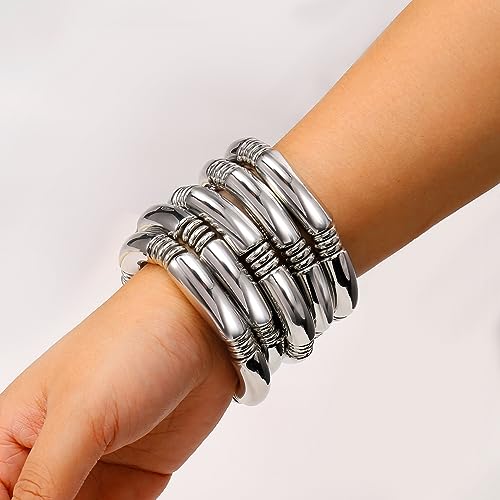 Badu 5pcs Silver Chunky Bangles Bracelets For Women Stack Layered Curved Bamboo Tube Stretch Bracelets Gift Jewelry - Image 4