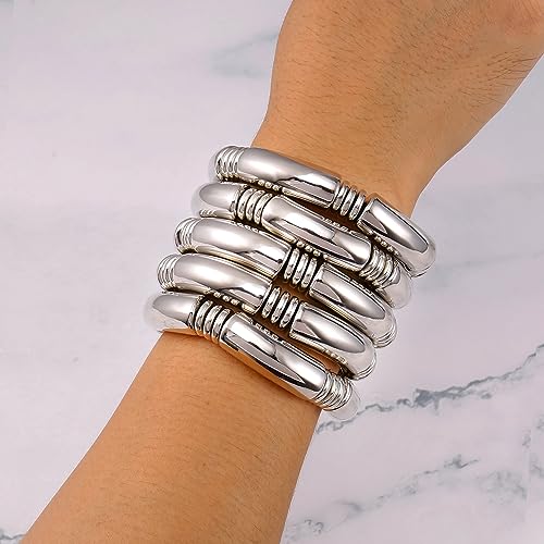 Badu 5pcs Silver Chunky Bangles Bracelets For Women Stack Layered Curved Bamboo Tube Stretch Bracelets Gift Jewelry - Image 3