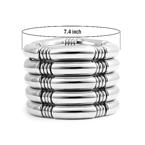 Badu 5pcs Silver Chunky Bangles Bracelets For Women Stack Layered Curved Bamboo Tube Stretch Bracelets Gift Jewelry - Image 2