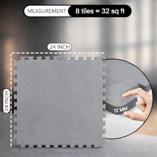 EASY HOME Gym Mats for Floor for Home and Living Room, Interlocking Rubber Floor Gym Mat for Exercise, Super Absorbent EVA Foam Workout Mat- 60x60cm - 12mm Thickness, Grey (Pack of 4-12 Sq Ft Area) - Image 5