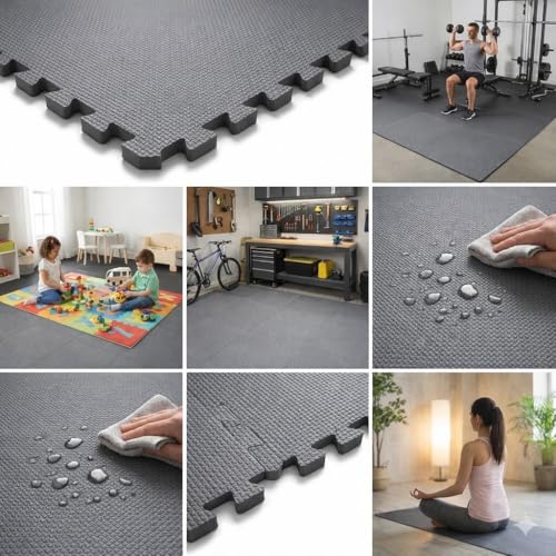 EASY HOME Gym Mats for Floor for Home and Living Room, Interlocking Rubber Floor Gym Mat for Exercise, Super Absorbent EVA Foam Workout Mat- 60x60cm - 12mm Thickness, Grey (Pack of 4-12 Sq Ft Area) - Image 4