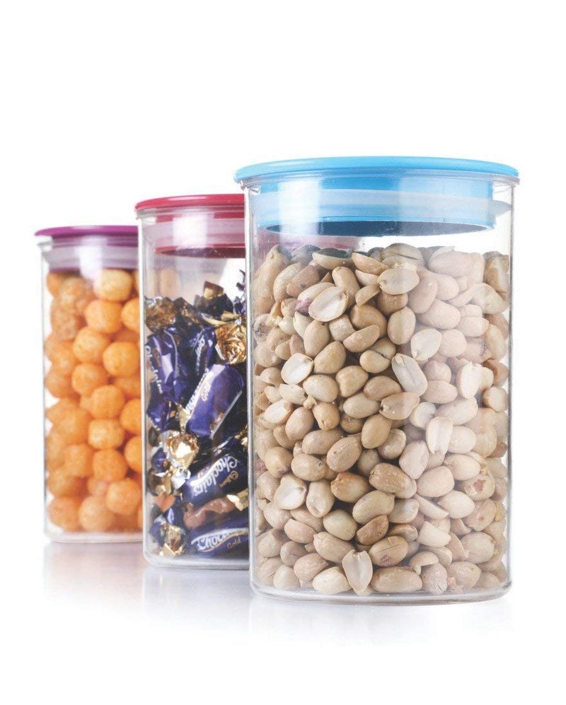 MEETDIP Plastic Kitchen Storage Airtight Jar for Food Beans Nuts Snack Pasta Cookie Candy Biscuit Multi Color Set of 3 - Image 1