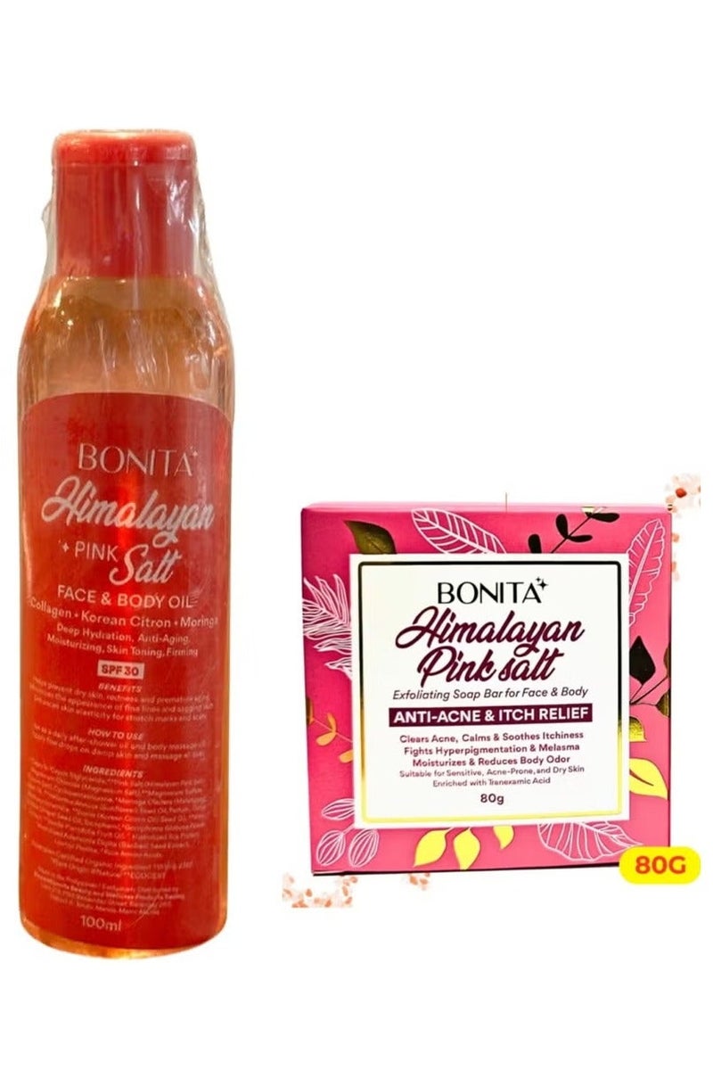 بونيتا صابون ملح الهيمالايا الوردي 80 جرام & زيت ملح الهيمالايا الوردي للوجه والجسم بعامل حماية من الشمس 30 - 100 مل - Image 1