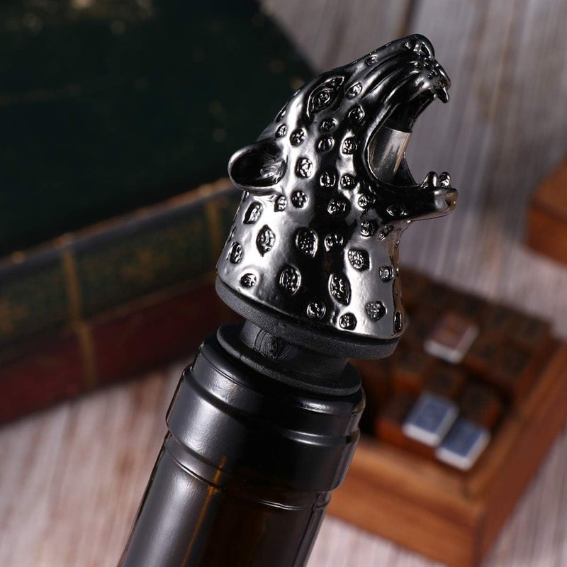 woobles Glass Decanter Wine Pourer Leopard Head Shape Bottle Plug Reusable Liquor Pourer Spout Bottle Pourer Stopper for Home Bar Restaurant Party Supplies(Black) Glass Decanter Bottle Pour Spout Black - Image 1