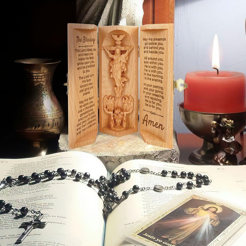 Jesuspirit - Our Father in Heaven Christian Decor  Catholic Wooden Statue  Sculpture Nativity Family  Statue of Jesus  Home Decor - Openable Wooden Cylinder Sculpture of Jesus (The Blessing) - Image 3
